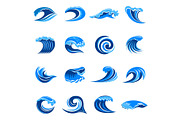 Blue waves icons set, simple style