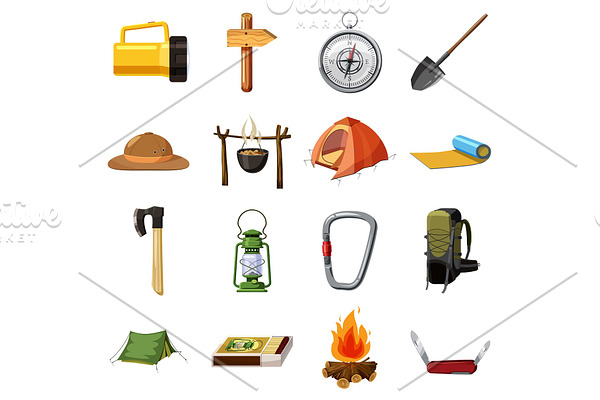 Camping items icons set, cartoon