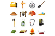 Camping items icons set, cartoon