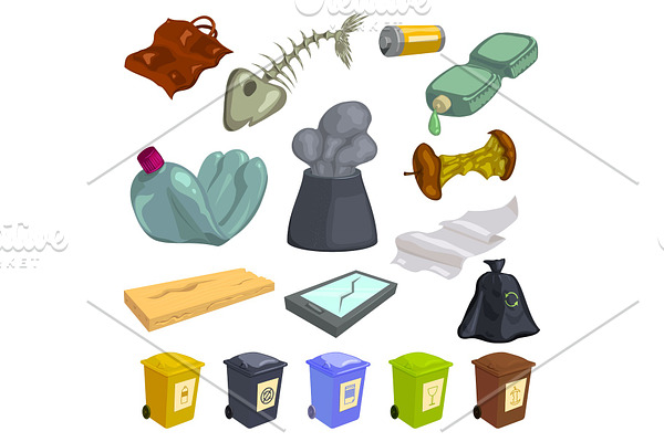 Garbage icons set, cartoon style