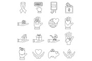 Charity icons set, flat style