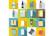 Packaging items icons set, flat