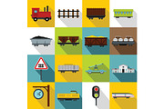 Railway icons set, flat style