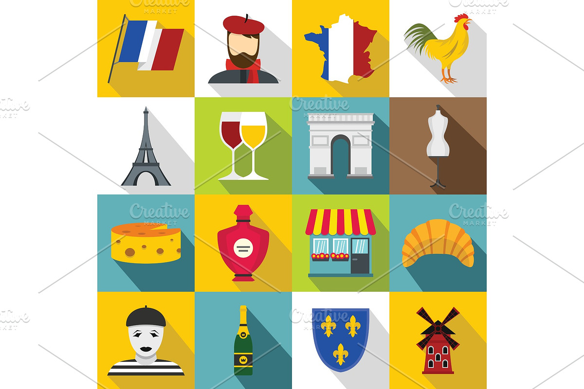 France travel icons set, flat style in Illustrations - product preview 8