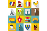 France travel icons set, flat style