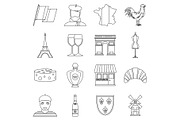 France travel icons set, outline