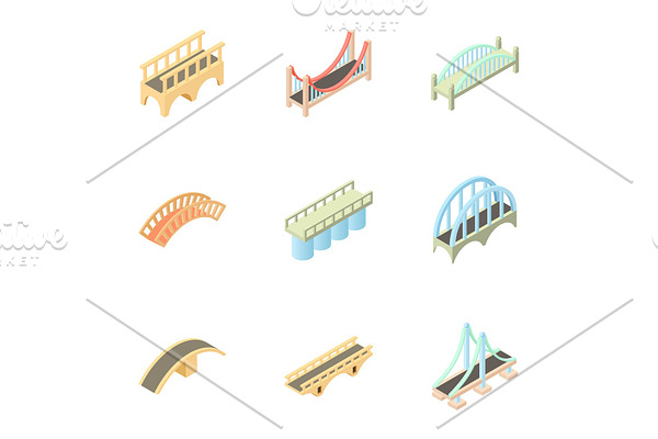 Types of bridges icons set, cartoon
