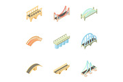 Types of bridges icons set, cartoon
