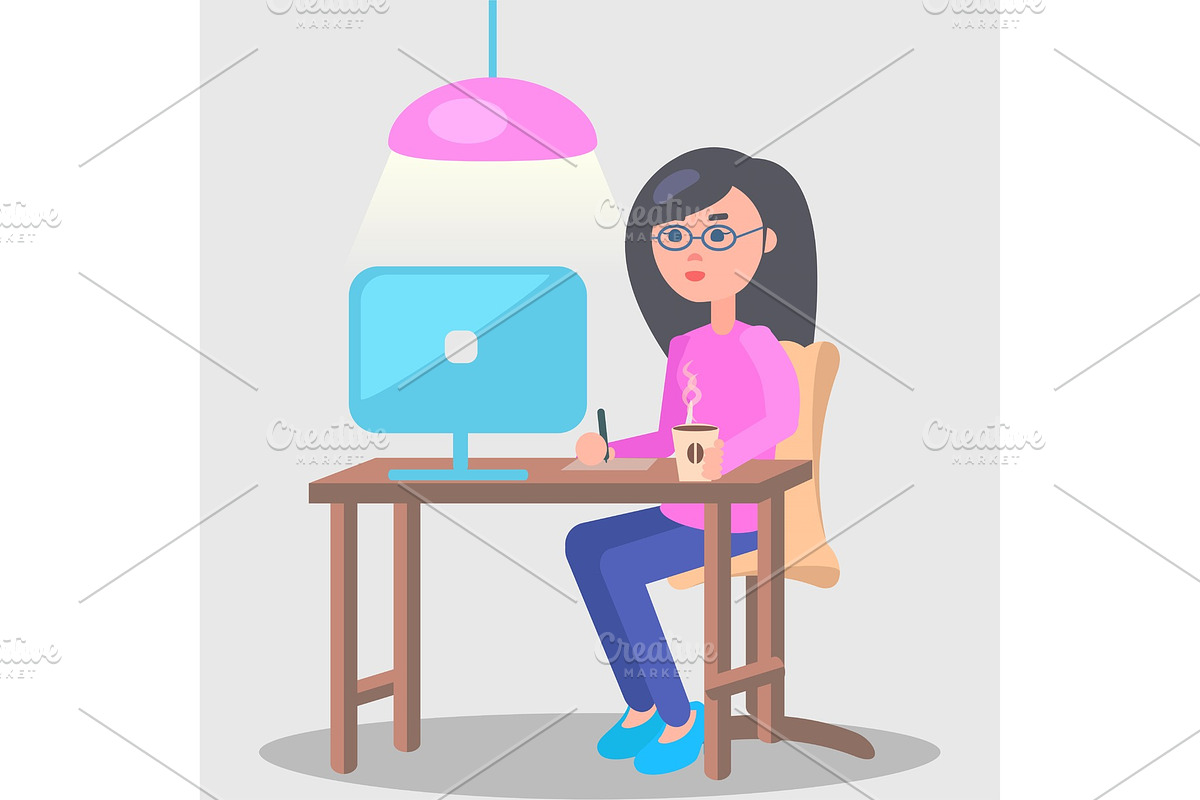 Woman Works in Office at Computer in Illustrations - product preview 8