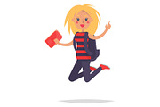 Jumping Blond Girl Student with Book