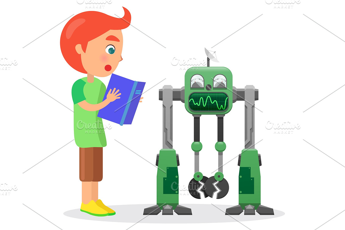 Little Boy with Book Looks at Robot in Illustrations - product preview 8