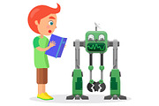 Little Boy with Book Looks at Robot