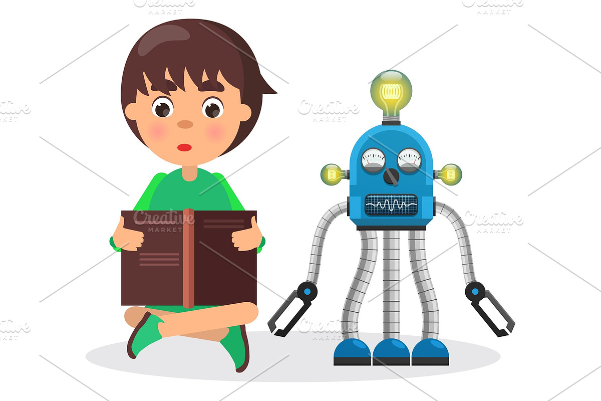 Boy Sits and Reads Book Beside Robot in Illustrations - product preview 8