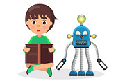 Boy Sits and Reads Book Beside Robot