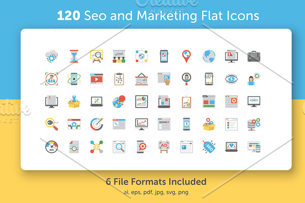 120 SEO and Marketing Flat Icons 