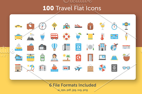 100 Flat Icons Set of Travel