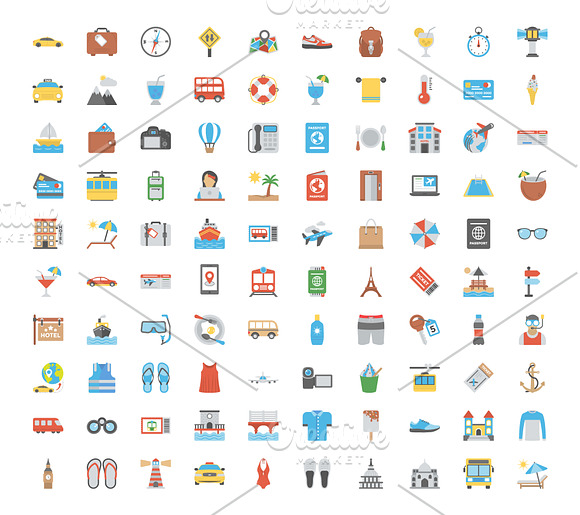 100 Flat Icons Set of Travel in Icons - product preview 1