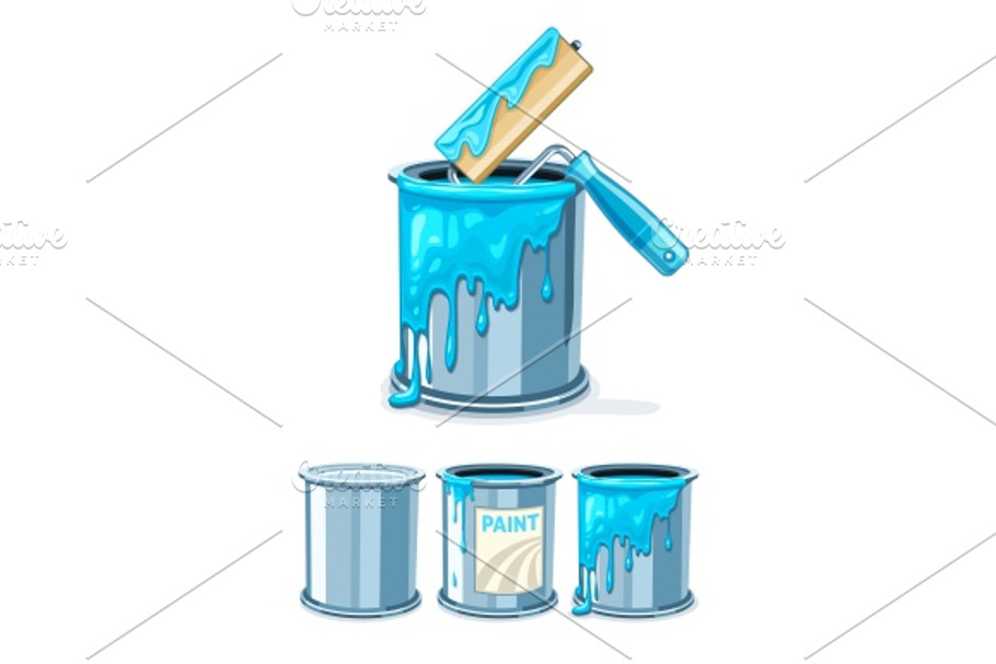 Buckets with blue paint and roller in Objects - product preview 8