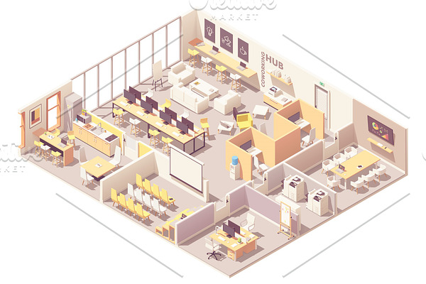 Isometric coworking space interior