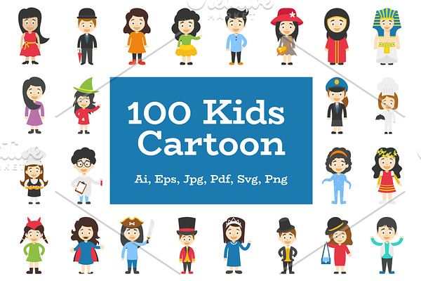 100 Kids Cartoon Characters Vector