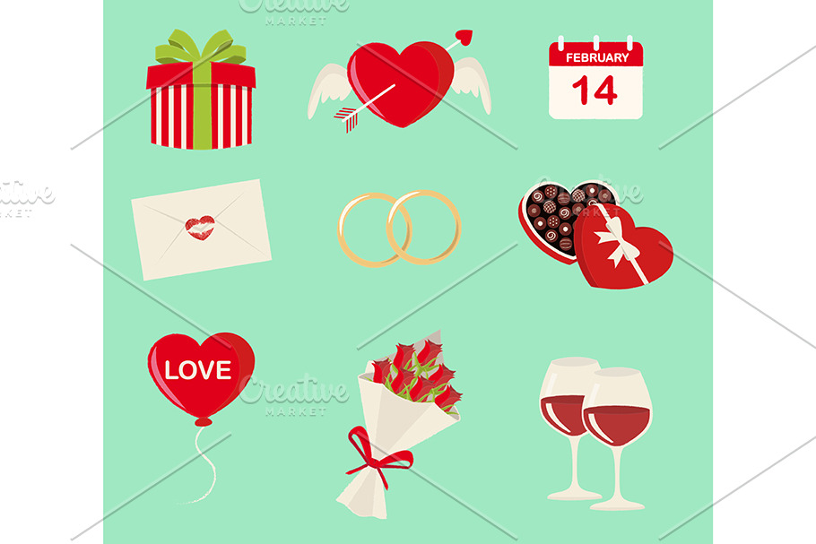 Saint Valentine's day symbols set