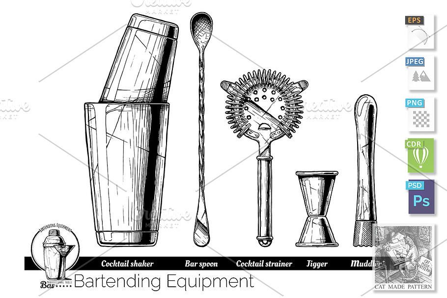 illustration of bartending equipment