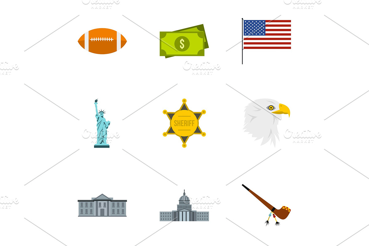 Country USA icons set, flat style in Objects - product preview 8