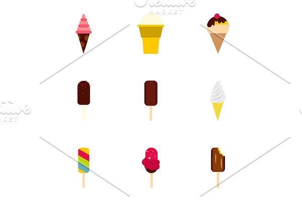 Cold sweets icons set, flat style