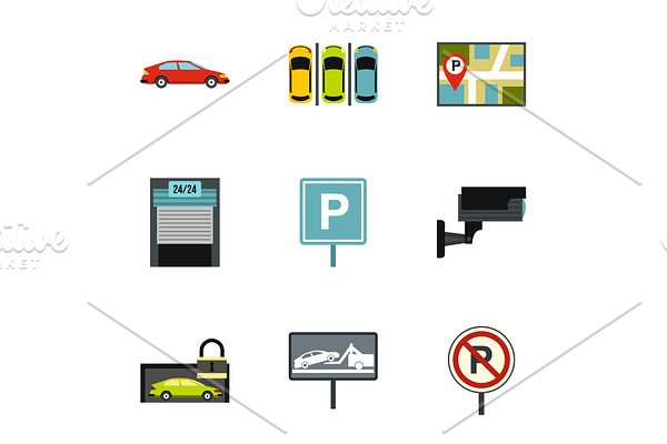 Parking transport icons set, flat