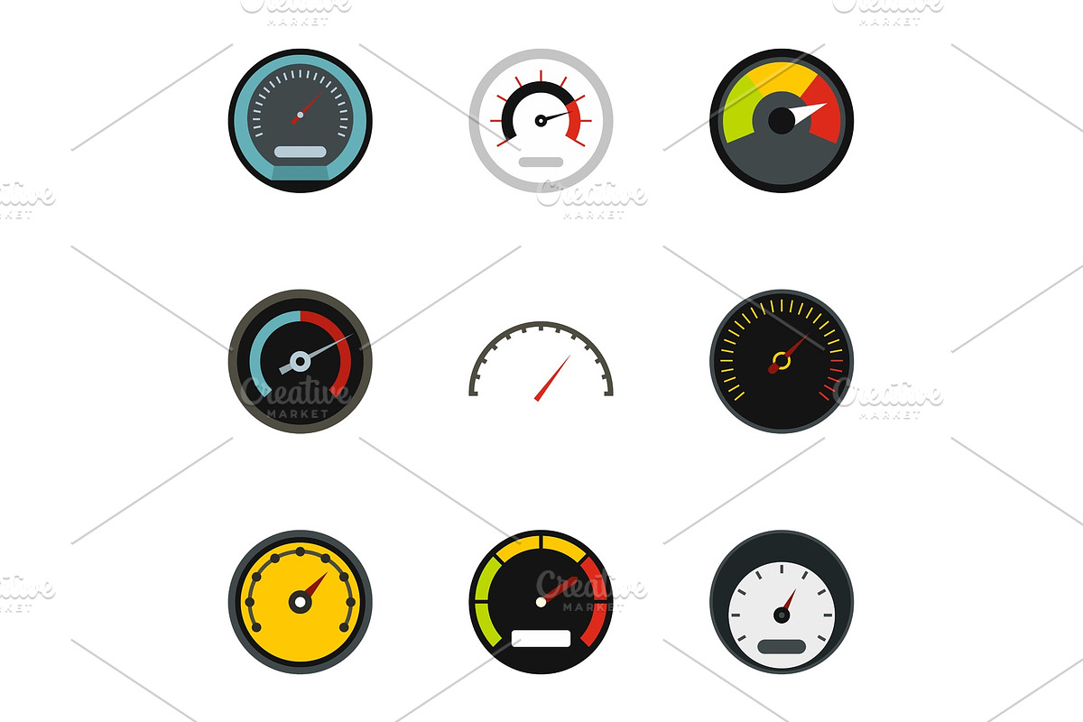 Speed measurement icons set, flat in Objects - product preview 8
