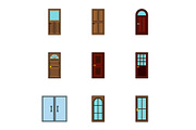 Security doors icons set, flat style