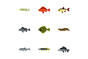 Ocean fish icons set, flat style