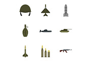 Military weapons icons set, flat