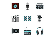 Broadcasting icons set, flat style