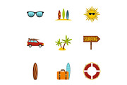 Surfing club icons set, flat style