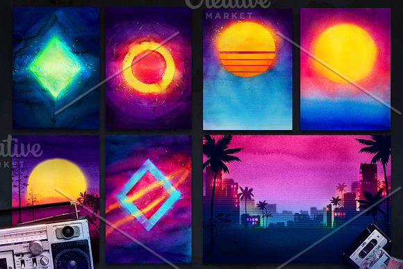 80s Retro Watercolor backgrounds. in Textures - product preview 1
