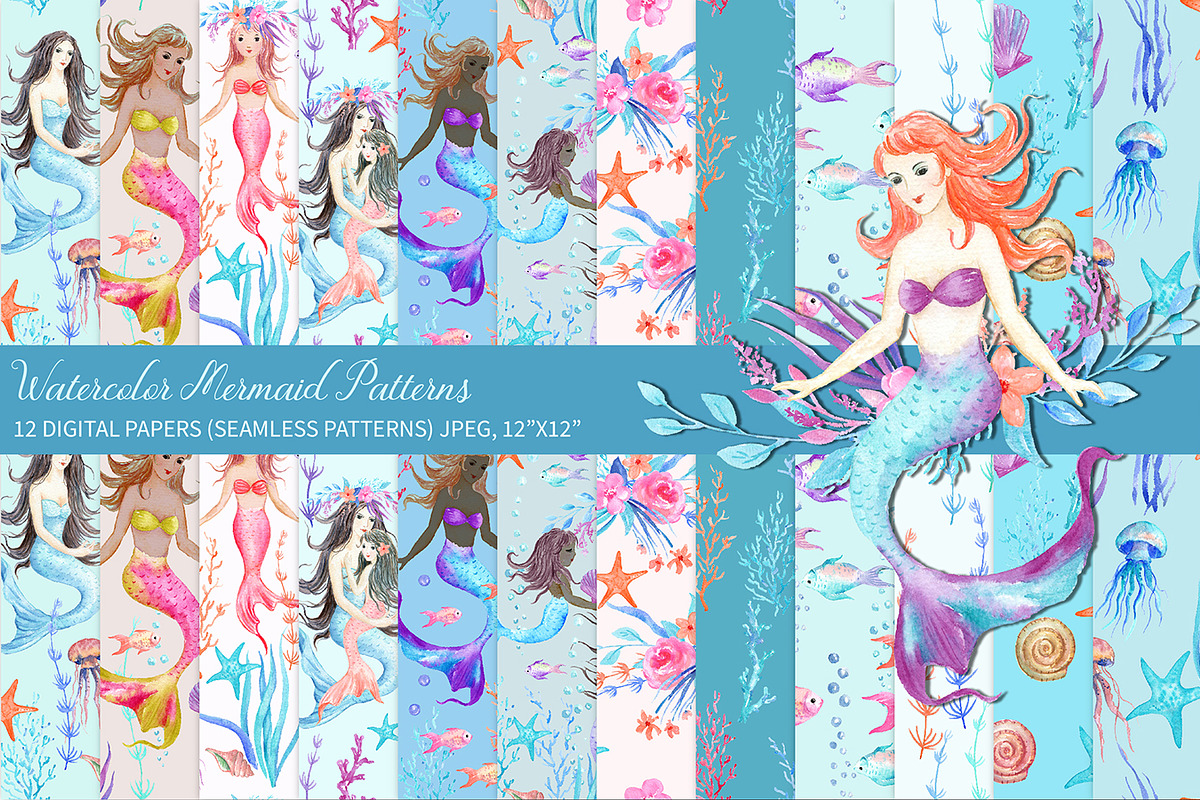 Watercolor Mermaid Patterns in Patterns - product preview 8
