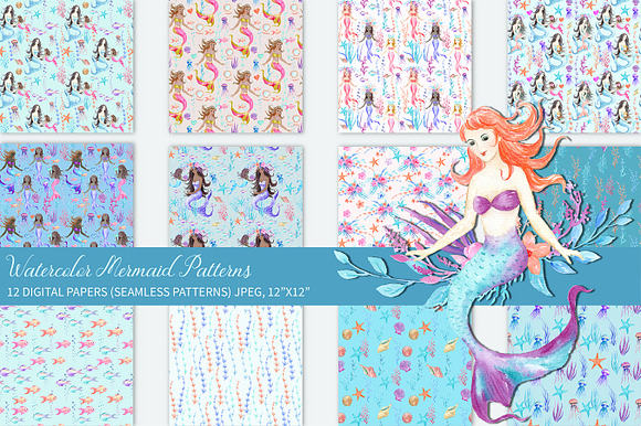 Watercolor Mermaid Patterns in Patterns - product preview 1