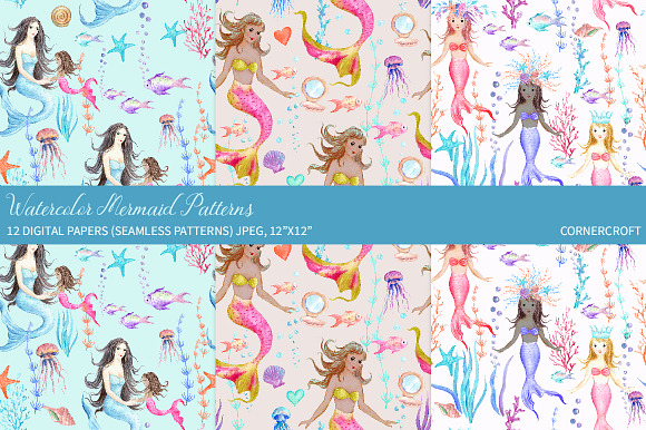 Watercolor Mermaid Patterns in Patterns - product preview 2