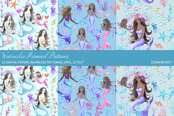 Watercolor Mermaid Patterns in Patterns - product preview 3