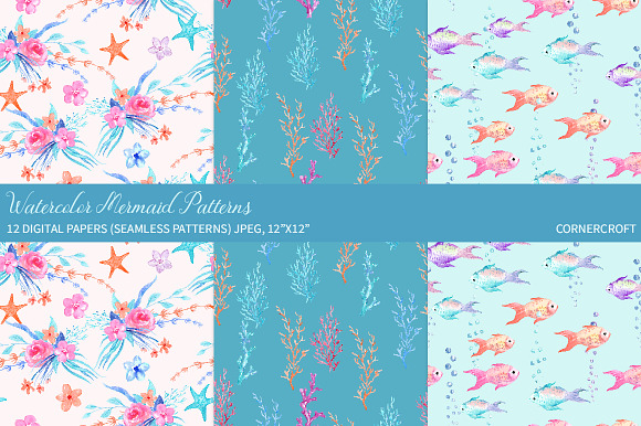 Watercolor Mermaid Patterns in Patterns - product preview 4
