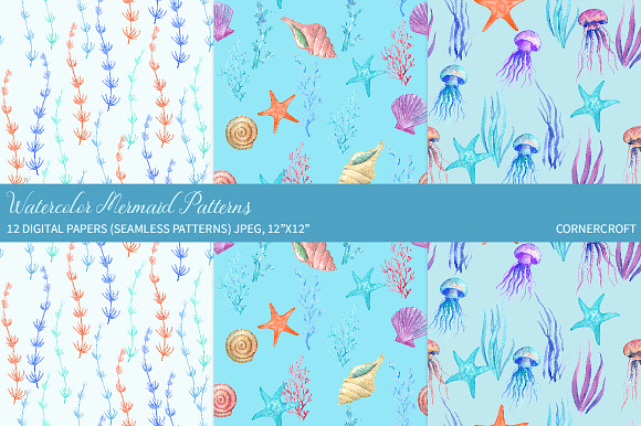 Watercolor Mermaid Patterns in Patterns - product preview 5