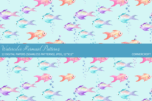 Watercolor Mermaid Patterns in Patterns - product preview 6