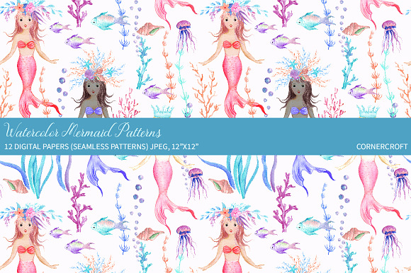 Watercolor Mermaid Patterns in Patterns - product preview 7