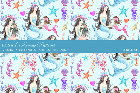 Watercolor Mermaid Patterns in Patterns - product preview 8