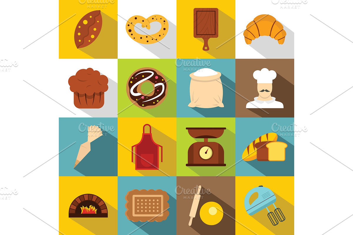 Bakery icons set, flat style in Illustrations - product preview 8