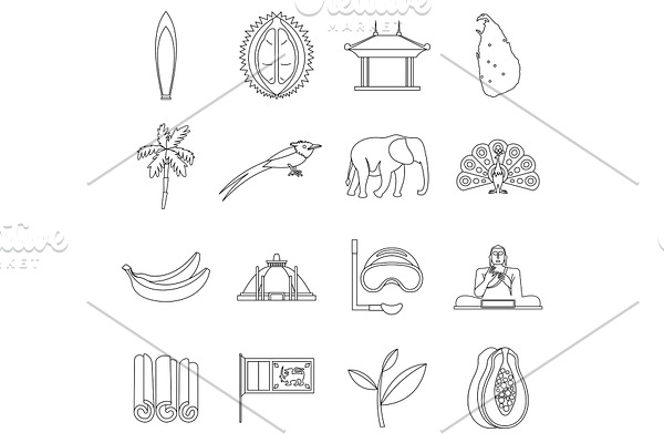 Sri Lanka travel icons set, outline