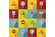 Different road signs icons set, flat