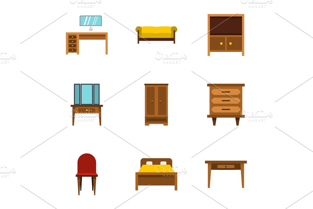 Furniture icons set, flat style in Objects - product preview 8