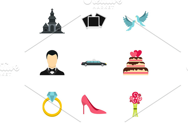Marriage icons set, flat style